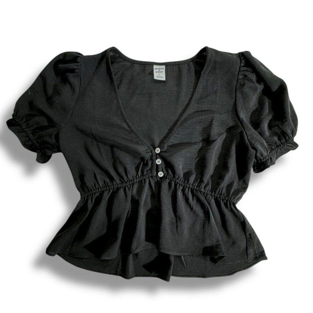 Melrose And Market Womens Medium Puff Sleeve Black Blouse Top Dressy Office